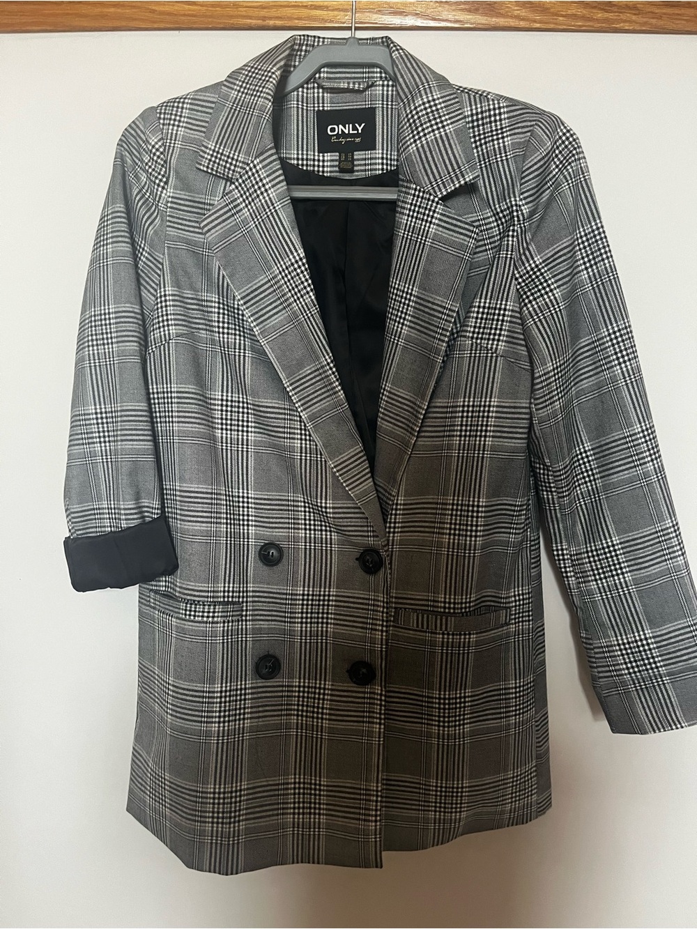 ONLY Black & Gray Plaid Double-Breasted Blazer
